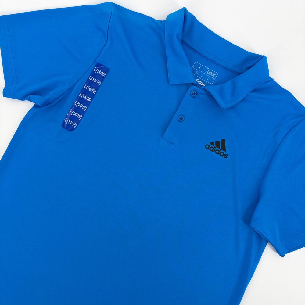 Adidas Polo Shirt Kids L 14/16 Blue Short Sleeve Regular Fit Casual 3 Stripe